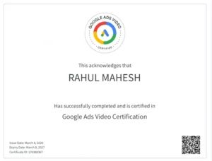 Google ADS Certificate for  Freelance Digital Marketer in Kottayam