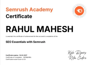Seo Certificate for Freelance Digital Marketer in Kottayam